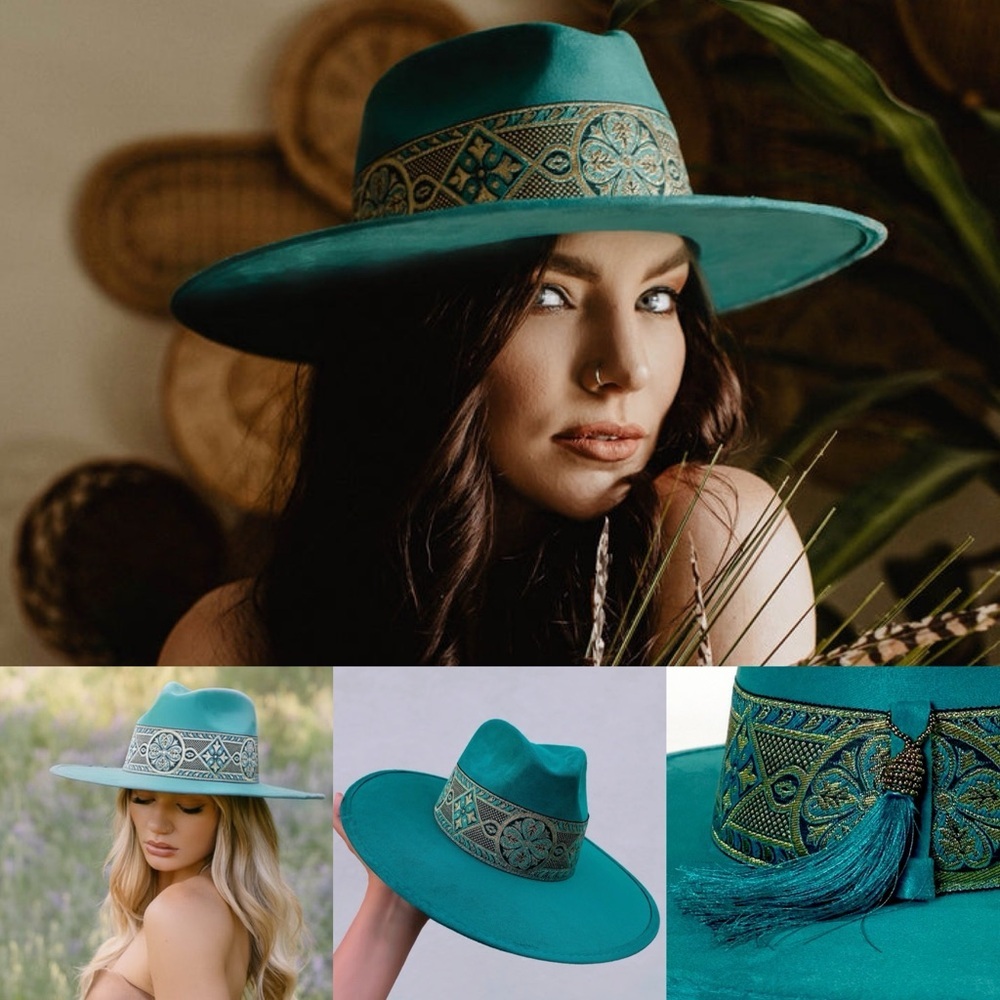 Hats N Roses Fedora “Chloe” Teal Elegant Wide-Brim Hat Handmade XS/S/M (53-57cm)
